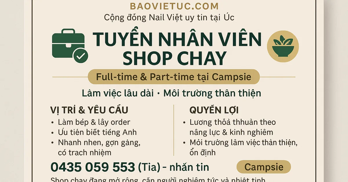 TUYỂN NHÂN VIÊN – SHOP CHAY TẠI CAMPSIE