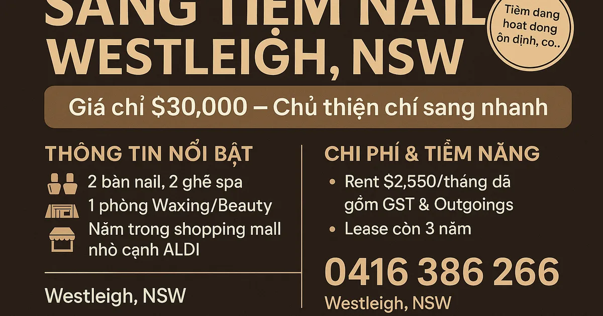 CẦN SANG TIỆM NAIL TẠI WESTLEIGH, NSW – GIÁ CHỈ $30,000